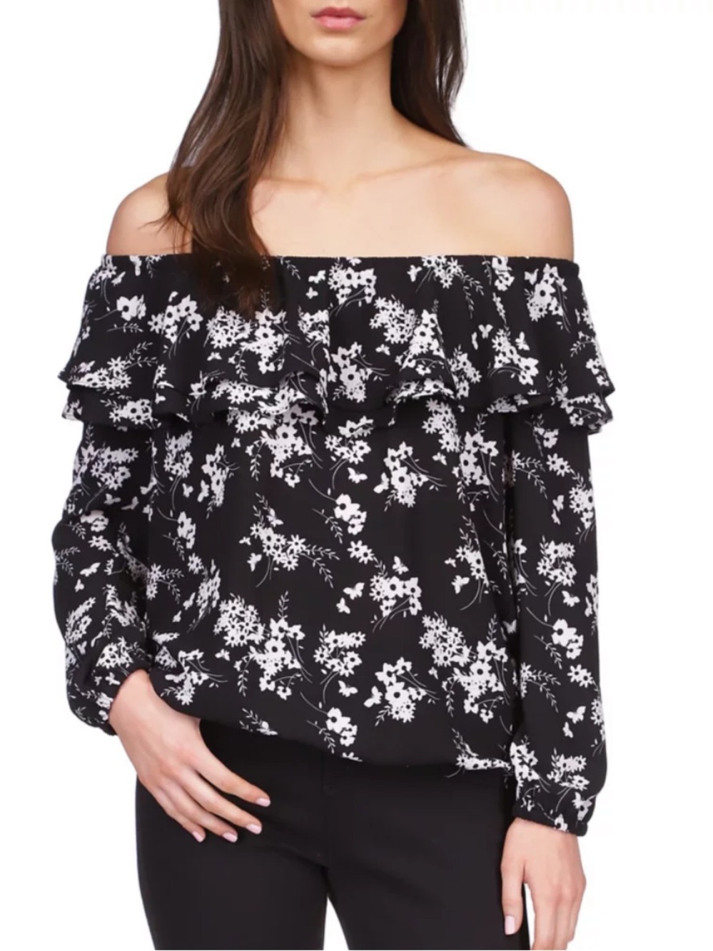 3X Michael Kors Black White Floral Off the Shoulder Ruffle Long Sleeves Top